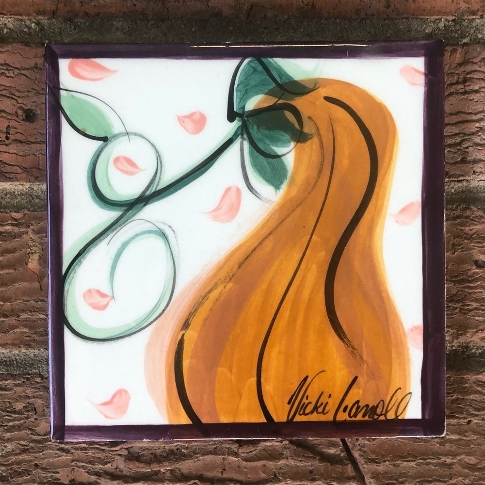 Vintage Hand Painted Gourd Square Ceramic Tile Trivet by Vicki Carroll 6” x 6”